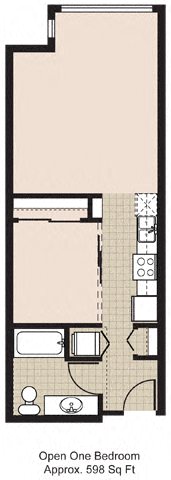Floor plan for 1 bed, 1 bath, 600 sqft